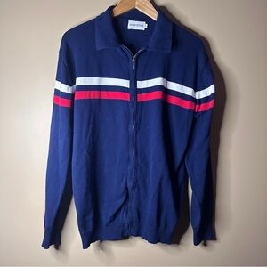 OXKNIT Vintage Inspired Navy Full Zip Cotton Sweater with Red and White Stripes